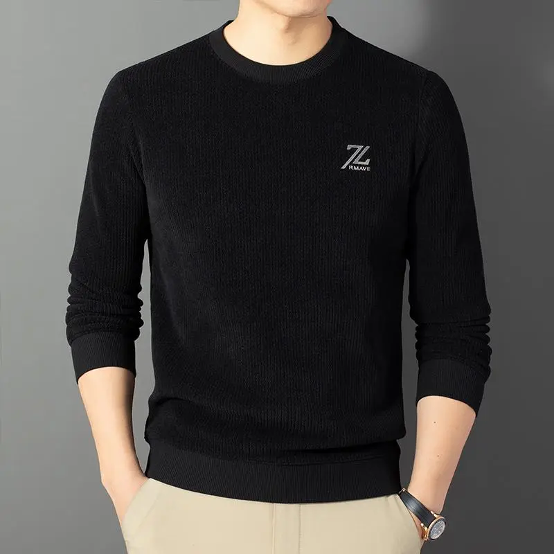Men's mid-thick crew neck jacquard long-sleeve sweatshirt for spring and autumn, polyester elastic fabric, machine washable or hand washable, suitable for outdoor sports, fitness, travel, etc.