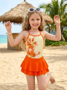 Wind Lily Flower Girl Swimsuit, Two-Piece Beach Set, Cross-Tie Design, Floral Print, Boho Style, Perfect for Vacation