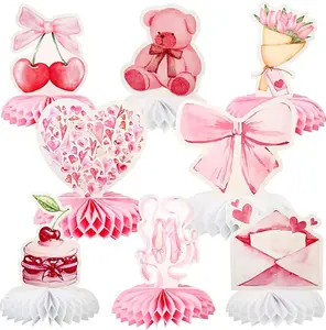8 Pcs Coquette Pink Bow Party Honeycomb Centerpieces Decorations Cherry Cake Ballet Heart Cutouts Table Toppers for Girls Birthday Baby Shower Bridal Bachelorette Engagement Wedding Decor