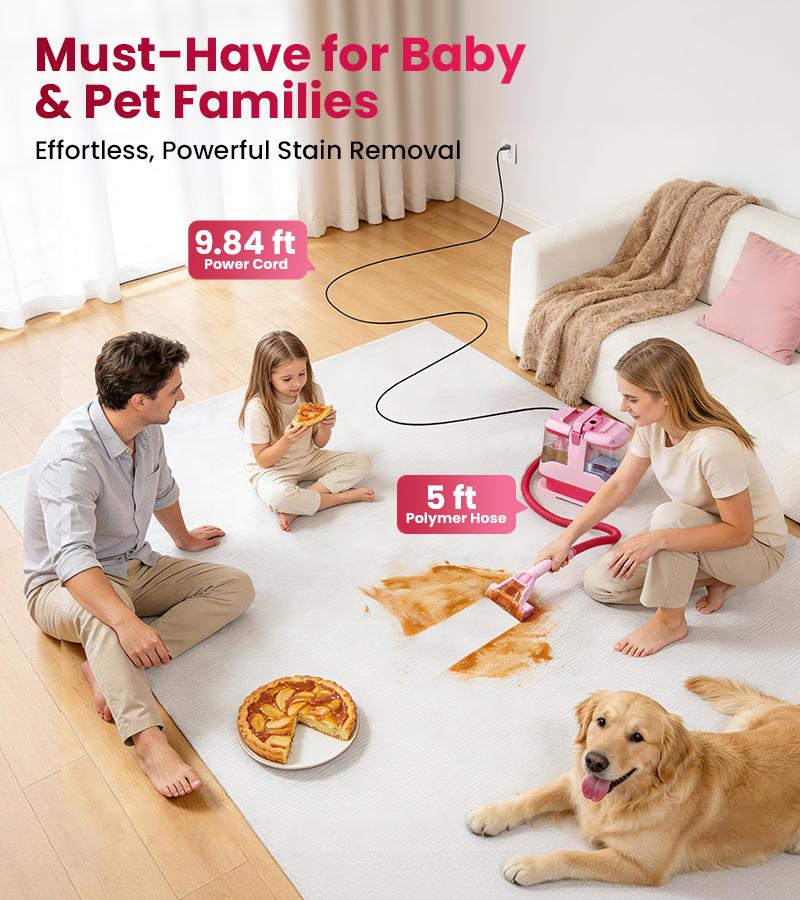 [Memorial Day Sale] Upholstery Carpet Vacuum Cleaner, 18KPa Suction Spot Cleaning Machine for Pet Stains, Carpets, Sofa, Car Seats, Mattress, with 3 Multipurpose Cleaning Tools, 6'' Deep Cleaning Brush | Portable 3-in-1 Little Pink C9S pet lovers