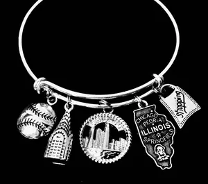 Illinois State Charm Bangle Bracelet – Silver Plated Expandable Bracelet with Chicago Skyline, Baseball, and Shopping Charms – Personalized Gift for Her