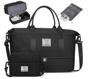 Travel Duffle Bag, Weekender Bags for Women with Shoe Compartment, Carry on Overnight Bag with Toiletry Bag and Shoes Bag, Gym Duffel Bag with Wet Pocket, Hospital Bags for Labor and Delivery, Black