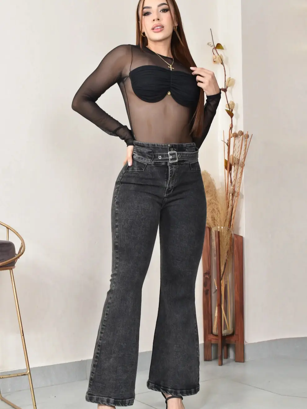 Colombian Curves Jeans Women's High-Waist Fitted Denim Pants - Spandex-Cotton Elastane Fabric, Bohemian Flare Leg, Tush-Lifting Levanta Cola Effect, Tummy Control Jeans, Fitted Hips, 3 Buttons, Streetwear Boho Outfits, Curvy Fit Jeans