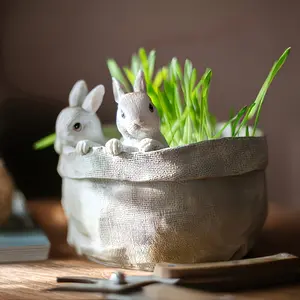 Cute Rabbit Planter Pot with Rabbit-Shaped Top Durable Resin Indoor Outdoor Garden Balcony Windowsill Decoration Lightweight Sturdy Round Flower Pot for Home Patio or Easter Decor Easy Clean Modern Planter
