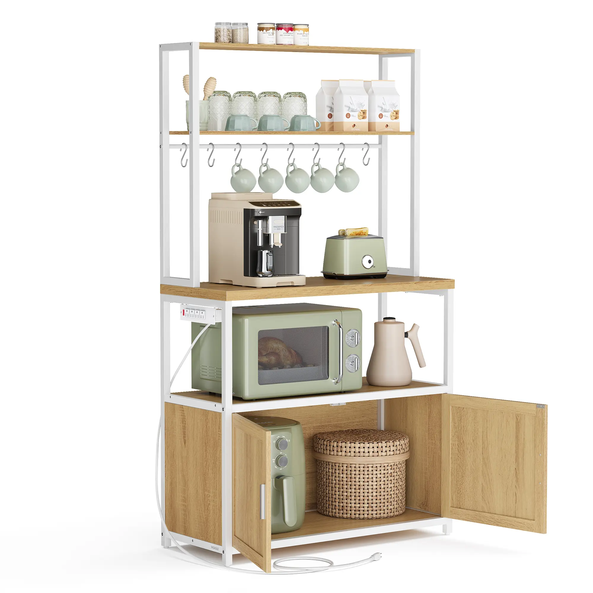 VASAGLE Kitchen Bakers Rack with Power Outlet, Coffee Bar with 35.4-Inch High Worktop, Microwave Stand with 8 Hooks, 15.7 x 31.5 x 66.9 Inches