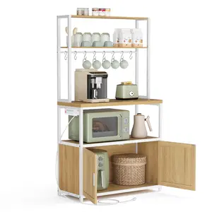 VASAGLE Kitchen Bakers Rack with Power Outlet, Coffee Bar with 35.4-Inch High Worktop, Microwave Stand with 8 Hooks, 15.7 x 31.5 x 66.9 Inches