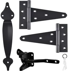 Gate Hardware Kit Heavy Duty,with Self Locking Gate Latch,6 inch T Strap Gate Hinges and 10 inch Gate Door Handle Pull,Shed Door Hardware Set for Wooden Vinyl Fence,Gate,Farm,Garden,Black Finish