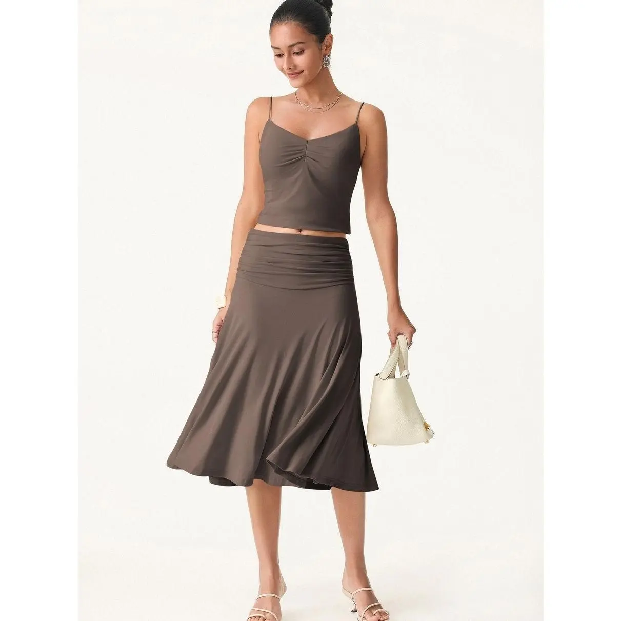 Women's Flowy Side A-line Midi Skirt, Stretchy Comfy Spandex Fabric Bottoms