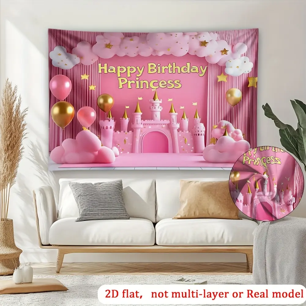 1pc Royal Pink Dream Castle Backdrop Banner with Golden Balloons & Stars - Reusable Polyester Photo Wall, Party Decoration Supplies for Birthday Decorations, Anniversary Indoor/Outdoor Events