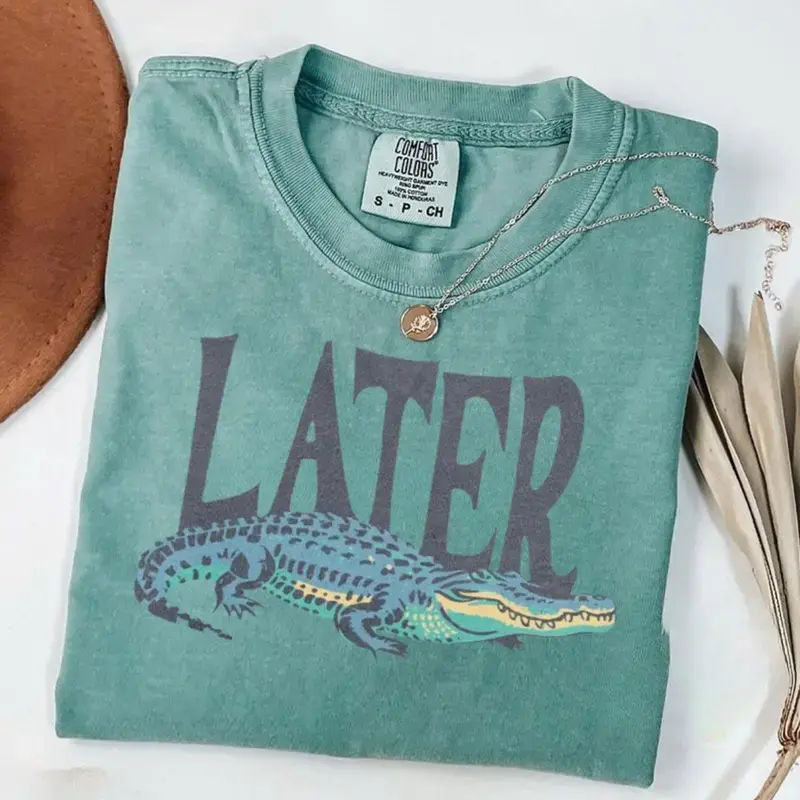 Women's Later Gator Graphic T-Shirt, Vintage 90s Relaxed Fit Top in Soft Garment-Dyed Cotton, Casual Short Sleeve for Everyday, One Piece