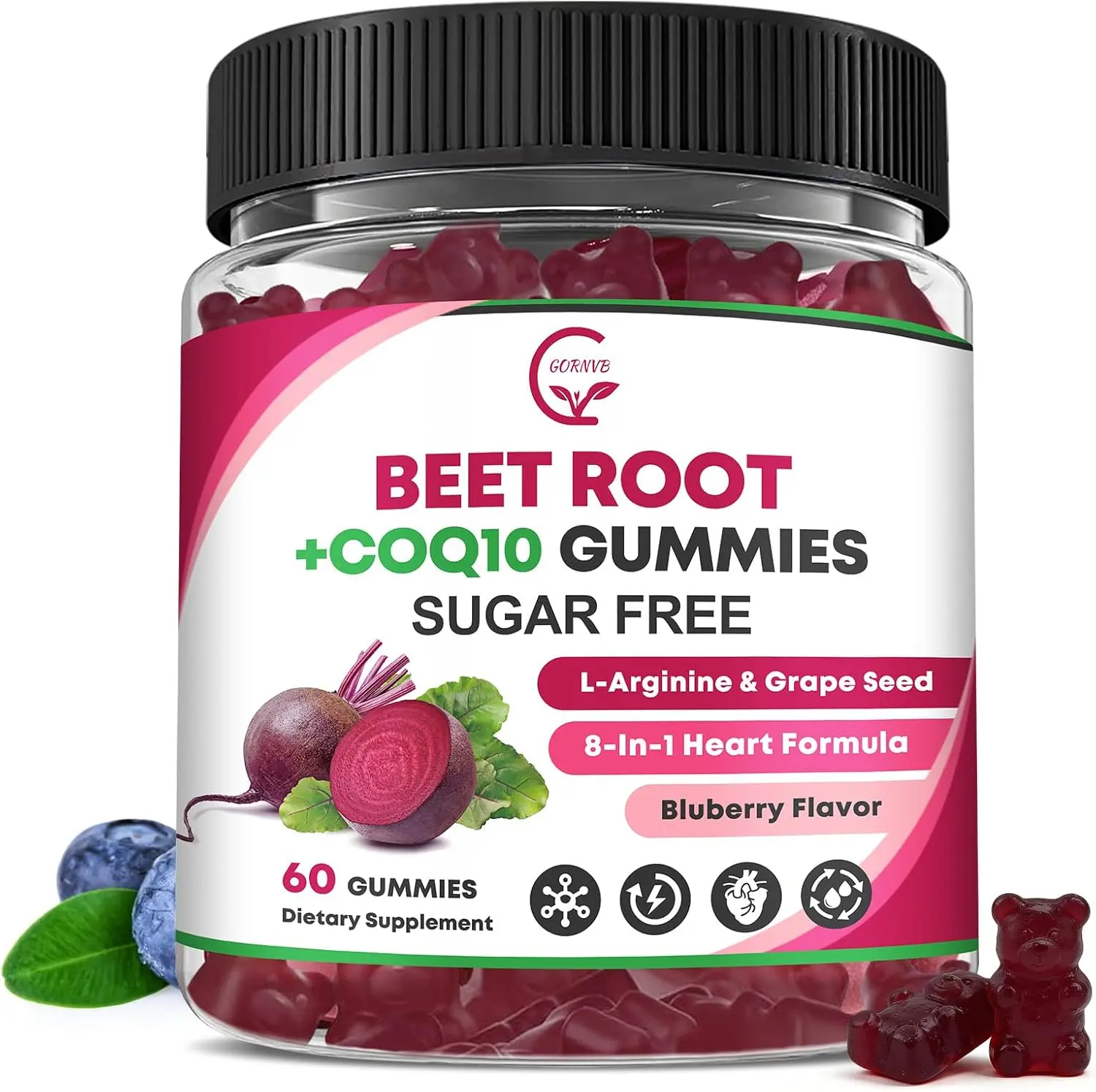 Beet Root Gummies Beetroot Supplement with CoQ10 L Arginine Grape Seed Extract High Potency Nitric Oxide Booster Supplement for Blood Pressure Heart Health Circulation Energy and Antioxidant Support Vegan Gluten Free 60 Count