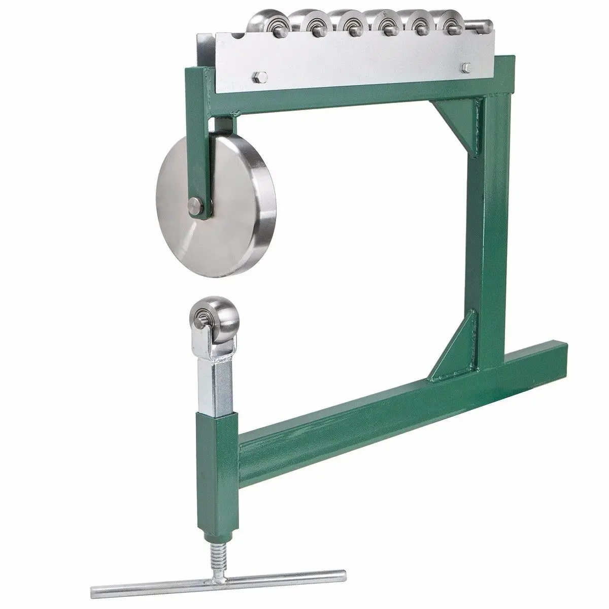 Stark USA Benchtop Sheet Metal English Wheel Machine Tool, 1-1/2" R & 5" R Wheels, 9-3/4" L x 22-1/4" W x 21-1/4" H, Steel Frame, Powder-Coated Finish, Adjustable Anvil Yoke, Storage Rack, Storage Organization for Motorcycle Tanks & Seat Cowls, Gusseted S