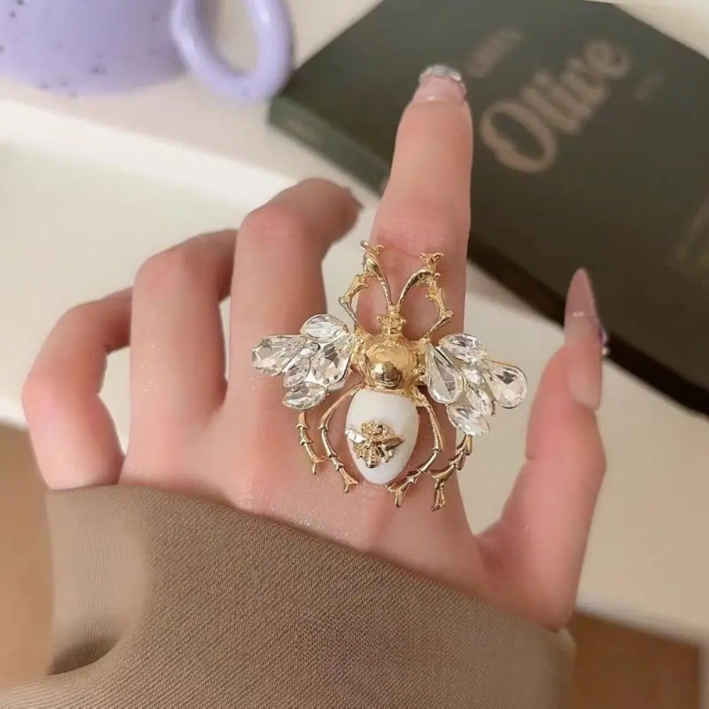 Vintage Beetle Statement Ring for Women, Adjustable Brass-Colored Alloy Animal Graphic Jewelry with Crystal Accents, Animal Graphic Rings, Beetle Graphic, Synthetic Crystal