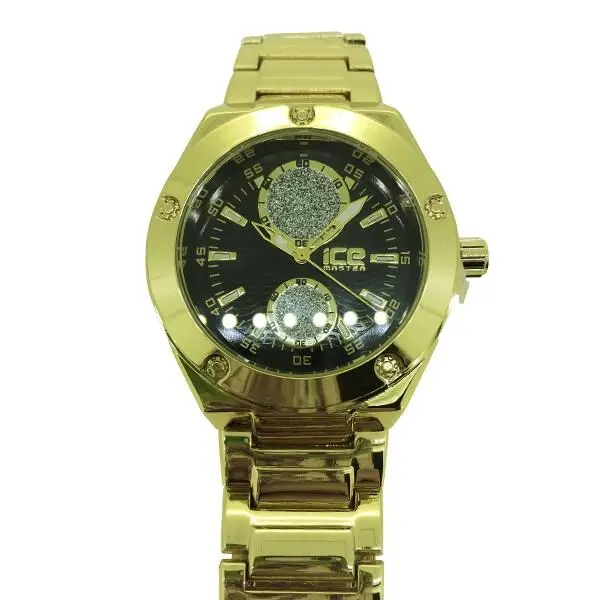 Hip Hop Bling Watch, Gold-Tone Unisex Statement Fashion Accessory with Iced Out Crystals and Black Dial, Rhinestone Decorated Watch, Round Face, Hip Hop Look, Bold, Non-Mechanical Wrist Watches