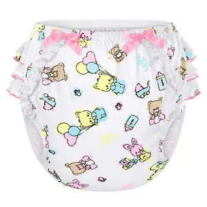 LittleForBig Silky Washable Reusable Waterproof Ruffled Lace Bow Baby Cuties Pattern Ruffle Adult Diaper Cover