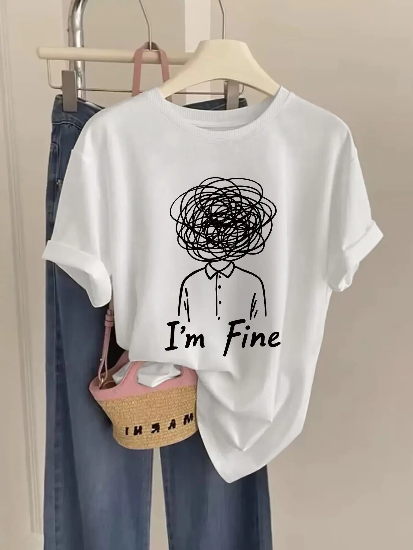 Women's "I'm Fine" Graphic Print T-Shirt - Short Sleeve Crew Neck Casual Top with Minimalist Line Art, Relaxed Fit for Spring & Summer, Machine Washable, Ladies T Shirts, Casual Attire, Round Neckline Shirt