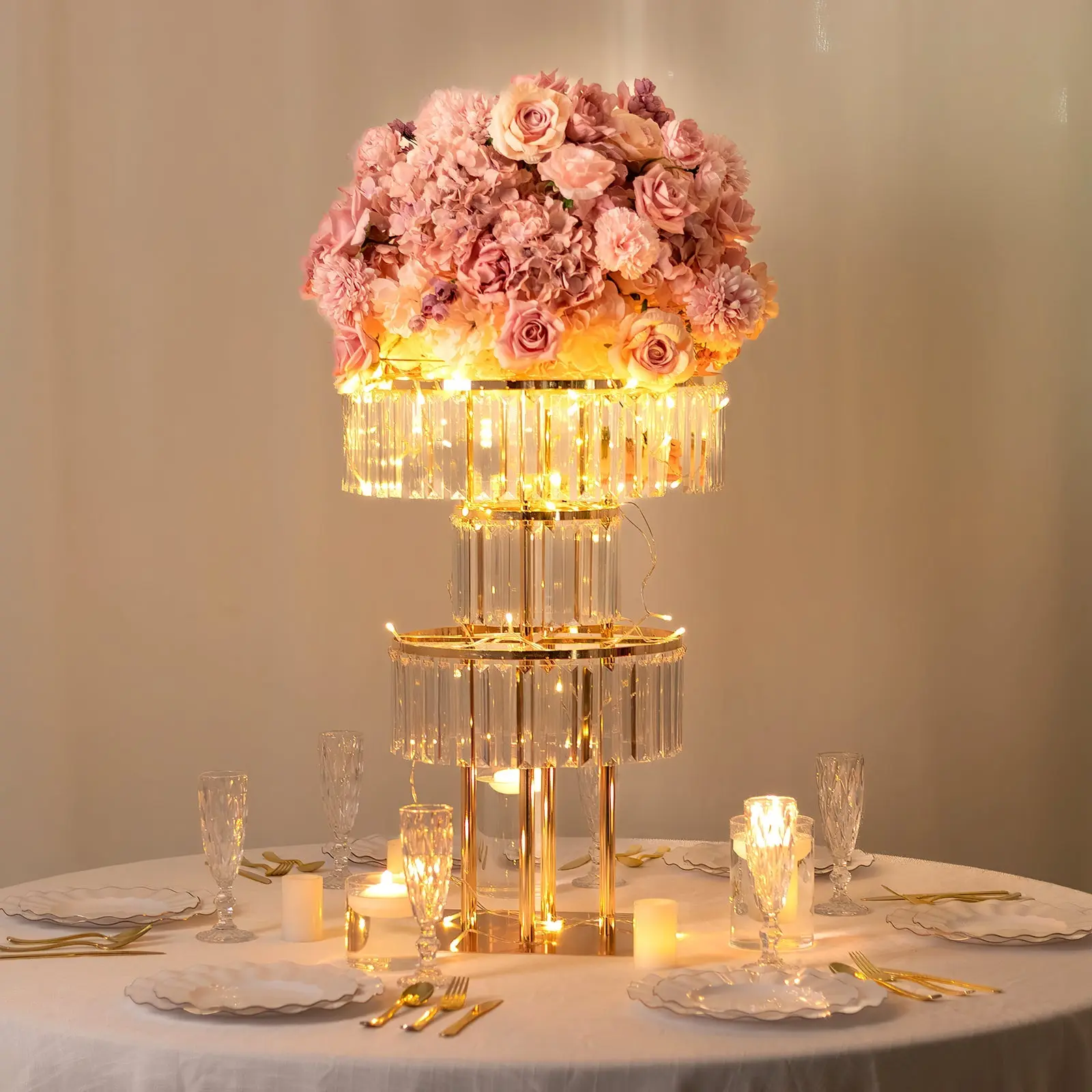 27 in Gold 3-Tiered Round Crystal Pendant Chandelier Table Centerpiece, Decorative Metal Flower Stand Vase with Hanging Crystals for Wedding, Engagement (Flowers & Other Decorations Not Included)