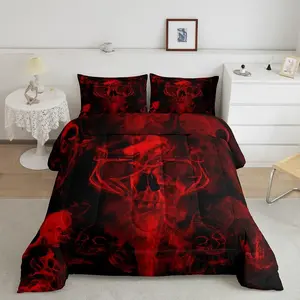 Gothic Skull Bedding Set,Red and Black Skeleton Comforter Set for Men,Psychedelic Goth Skull Quilted Duvet,Trippy Smoke Halloween Horror Comforter