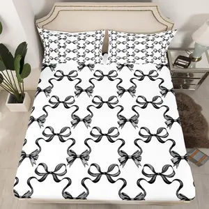 Feelyou Black Bowknot Bedding Set - 3D Printed Princess-Style Watercolor Bow Motif Cover, Deep Pockets, Vibrant Print, Multi-Size Options, Black White Crossed Ribbon Fairy Tale Design, 1 Fitted Sheet for Teens