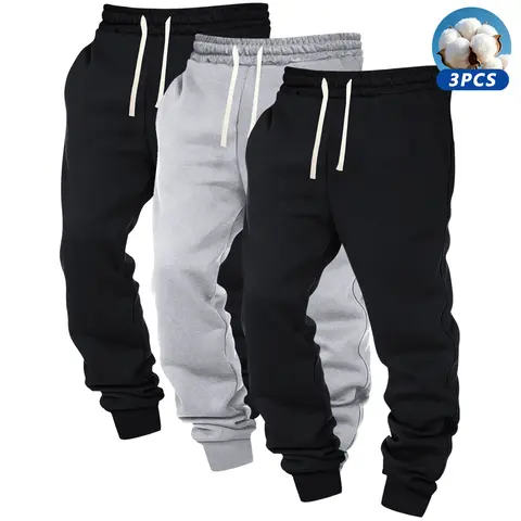 Men's 3 Pairs Knitting Solid Cuffed Sweatpants - Elastic Waist with Drawstring, Athleisure Fitness Bottoms, Athletic Casual Pants for Outdoor Running Daily Wear,sohochic