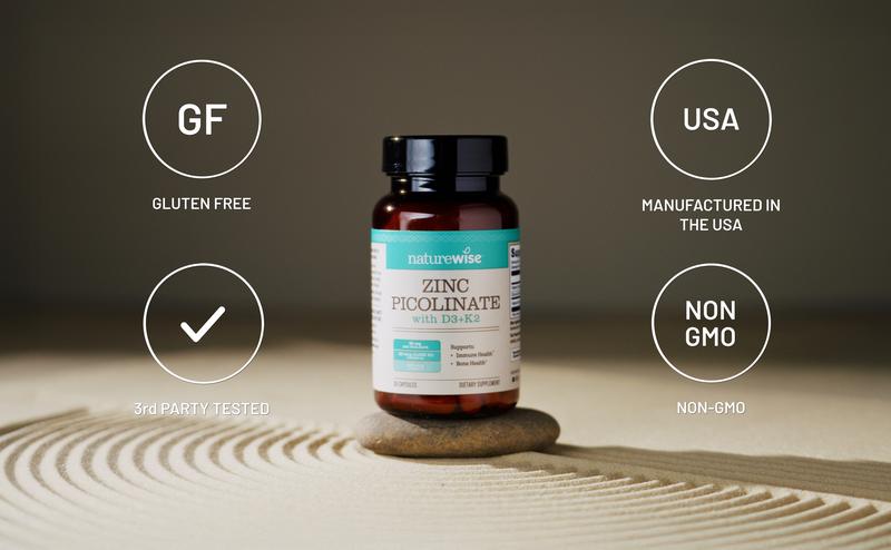 NatureWise Zinc Picolinate with D3 + K2 - Zinc Supplements for Men & Women + Vitamin D3 K2 - Supports Immune & Bone Health* - Non-GMO, Gluten Free, USA Manufactured