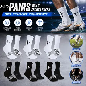3/5/6 Pairs Men's Thick Cushioned Sports Socks Non Slip Grip Crew Socks with Cross Letter Print Breathable Athletic Socks for Soccer Basketball Training Match Workout Easter Gift