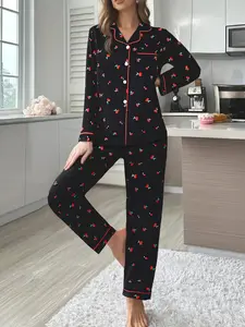 Women's Cherry Print Sexy Long Sleeve Pajama Set, Comfortable Homeewear, Loungewear, Fashion Casual Nightwear for Spring & Fall