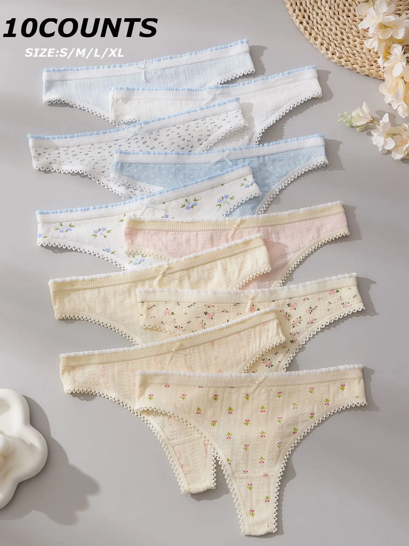 Women's Fresh Floral Panties Set, Casual Panties, Lace Trim Breathable Triangle Underwear, High Stretch Comfort All Seasons Everyday Wear, Cute Polka Dot Print Design