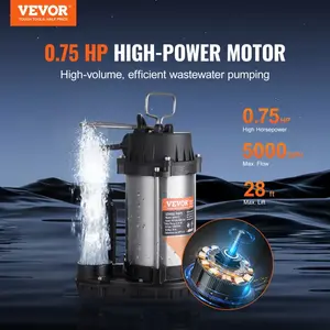 VEVOR  Submersible Sewage Pump, 0.75HP 5000 GPH, Cast Iron Sewage Water Pump with 28 ft Lift 10 ft Power Cord and Automatic Float Switch, Stainless Steel for Clean Flooded Basement Yard Farm Sewer