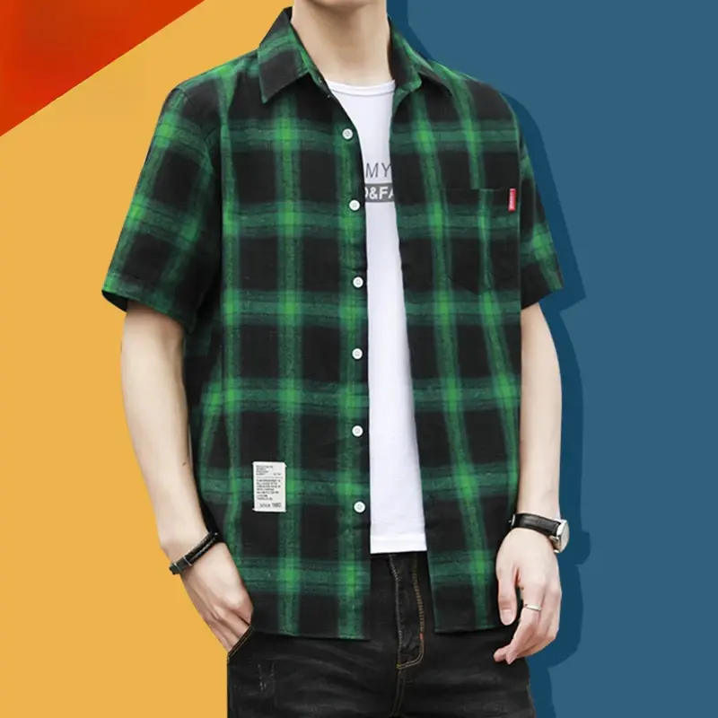 Plaid shirt men 2025 summer casual men's shirt men's casual short-sleeved shirt free ironing flannel clothes young boys Korean version M-5XL