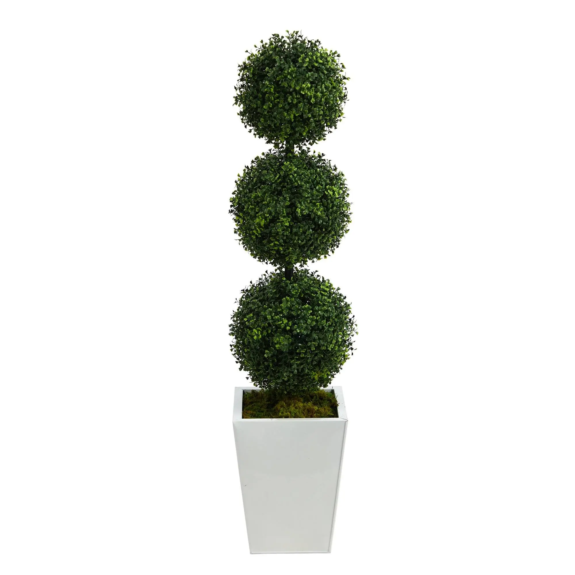 46” Decorative Artificial Boxwood Triple Ball Topiary Tree with White Metal Planter - Indoor/Outdoor Home Decor Ornaments for Greeting Guests Elegantly
