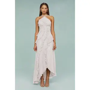 Chiffon Dress for Women Ruffle Pleated Design Slimming Mid-Length Dress European and American Fast Fashion tie shoulder maxi dress Formal Womenswear Basic Lotus Color