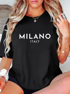 Women's Slogan Print Round Neck Drop Shoulder Loose Fit Casual Comfort Short Sleeve Womenswear Top, Stylish Letter Pattern Design