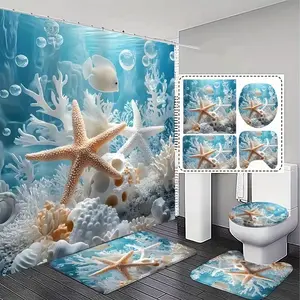 Ocean-themed shower curtain set, including non-slip mat, U-shaped rug, and toilet seat cover, perfectly suited for bathroom décor, beautifying the space. Comes with 12 shower curtain hooks.