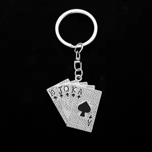 1pc metal creative diamond-encrusted playing card keychain personalized car key accessory, shiny royal flush poker card keychain