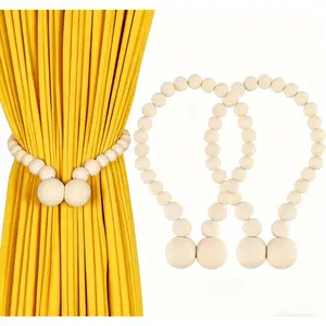Boho Wooden Bead Magnetic Curtain Tiebacks| Cotton Rope Curtain Holdbacks for Bedroom & Living Room