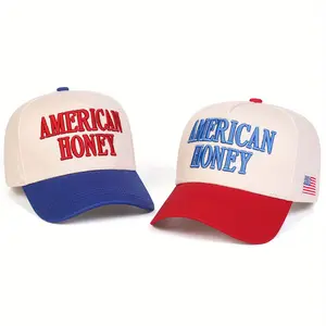 Unisex AMERICAN HONEY Letter Embroidered Patchwork Five-sided Baseball Cap Outdoor Adjustable Sunscreen Leisure Hat Spring Autumn Travel Tourism Beach Vacation