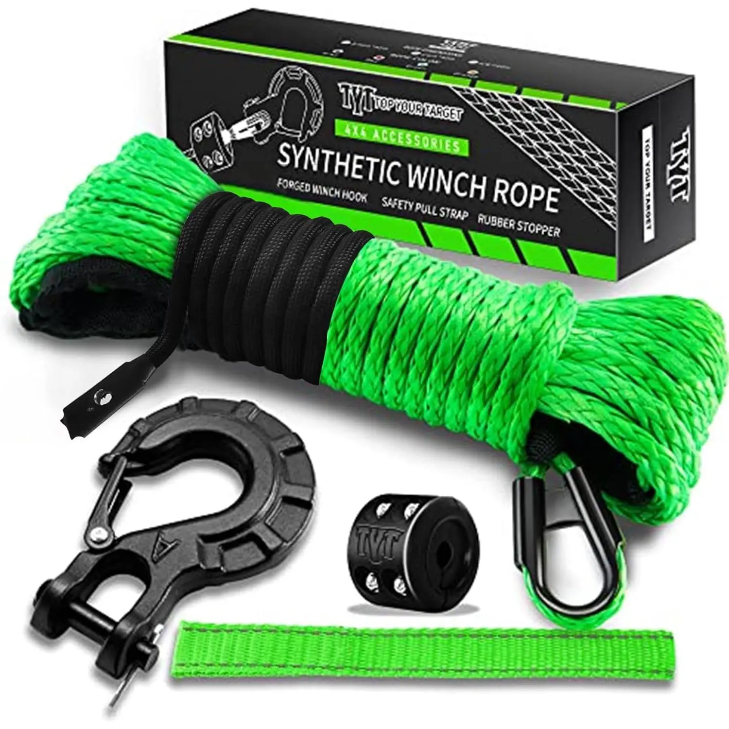 TYT Off-Road Winch Rope Kit, Heavy-Duty Pull Ropes for Off-Road Enthusiasts - 3/16''x50' 8500 Lbs Green Synthetic Cable, High Tenacity, Protective Sheath, Heavy-Duty Hook, Safety Pull Strap, Rubber Stopper for 4WD ATV UTV Vehicles (JPS31650G)
