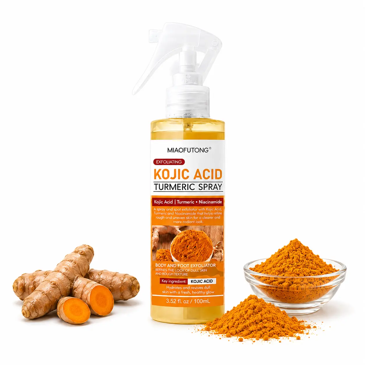 Kojic Acid Turmeric Exfoliating Spray (100ml) - Body & Foot Keratin Care with Niacinamide & Hyaluronic Acid, Clears Pores & Smooths Skin for All Skin Types