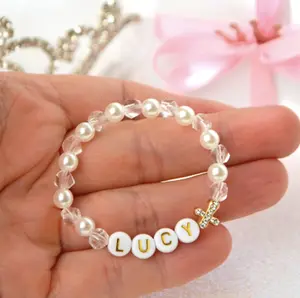 Pearl Cross Baby Girls Bracelet – Add Name & Size in Inches in ‘Add Note’ at Checkout – Personalized Name Bracelet with Crystal Rhinestone for Baptism, Communion, Baby Shower, and Toddler Gifts