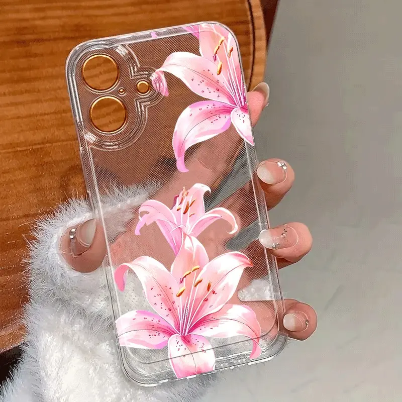 Creative Floral Lily Flower Pattern Transparent Tpu Shockproof Protective Mobile Accessory Phone Case Cover for iPhone 15 15 Plus 15 Pro 15 Pro Max 11-16 Promax Accessories