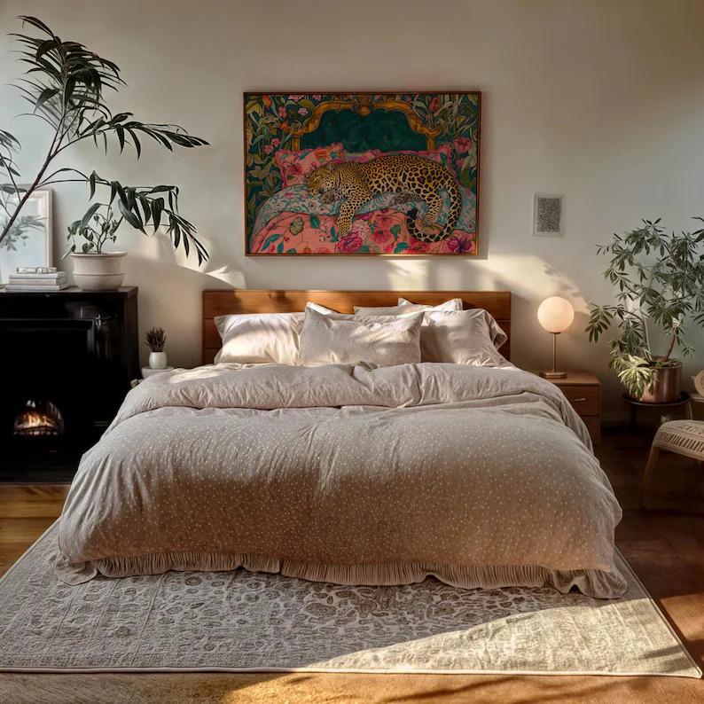Sleepy Leopard in a Vintage Bed Print - Pink & Emerald Green Maximalist Wall Art - Jungle Bedroom Decor