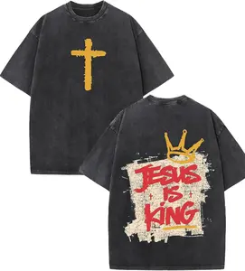 Men's Vintage Washed Distressed Cotton Short-Sleeve Round Neck Christian T-Shirt - Vintage Tees, Casual T-Shirts for Menswear Streetwear Festive Use with "Jesus is King" Bible Print