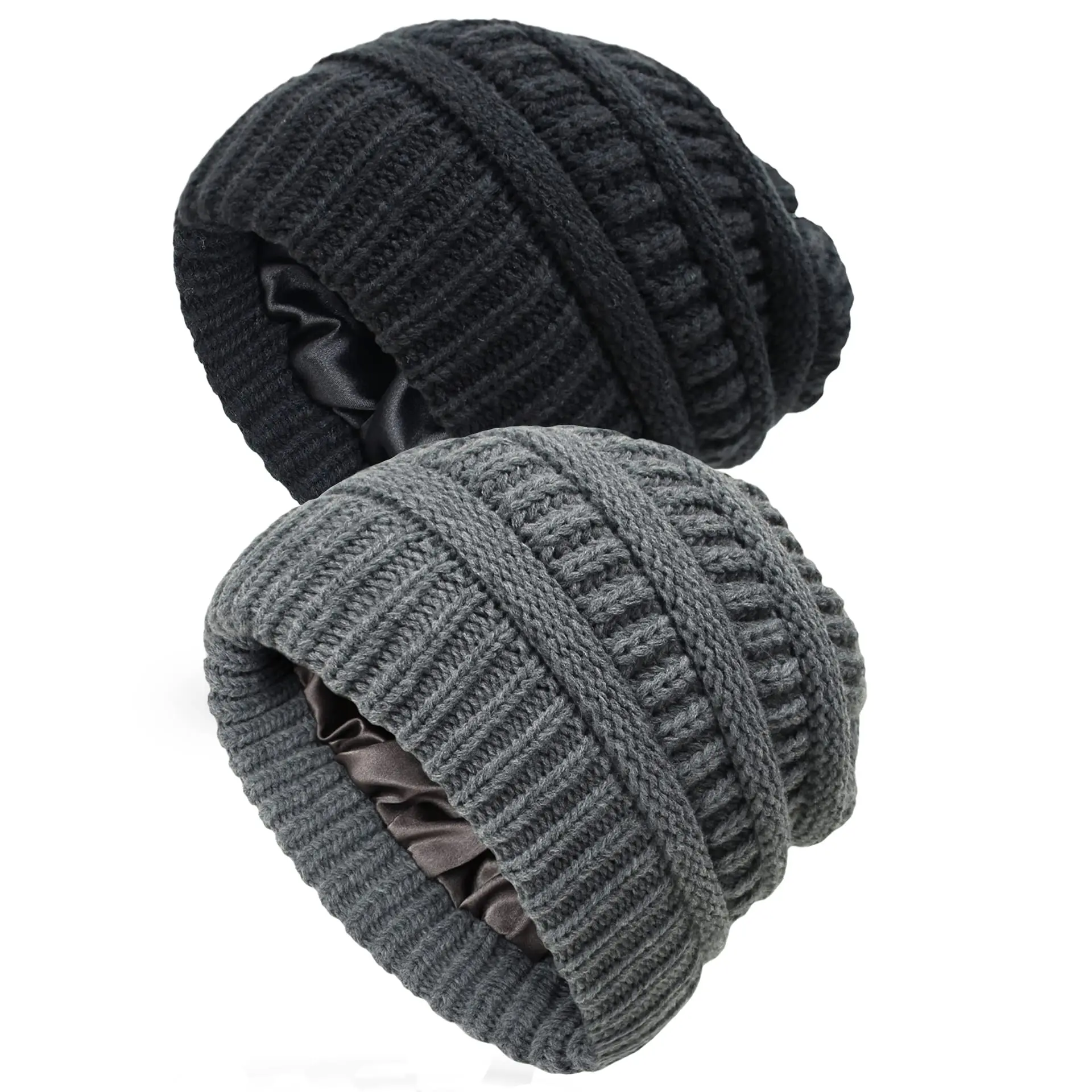 2pcs Knit Beanie Hats with Satin Lining - Adjustable, Street Style Skull Caps for Men & Women Winter Outdoor Activities
