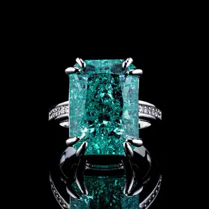 Luxury Micro Pave Square Emerald Zircon Ring For Women, Elegant Ice Flower Cut Statement Ring For Evening & Banquet