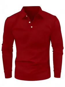 Men's Fashion Casual Long-Sleeve Polo Shirt - Deep Red, Soft and Comfortable, Suitable for Both Casual and Formal Occasions, Stylish Solid Color, Ideal for Daily Office or Outdoor Wear