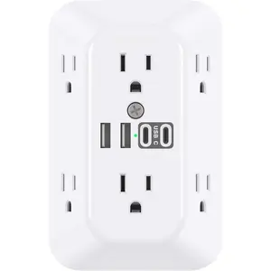 Surge Protector Outlet Extender, 6-Outlet Splitter with 4 USB Wall Charger(2 USB-C Ports), Multi Plug Wall Outlet 1800J Power Strip for Home Office Dorm Room Essentials