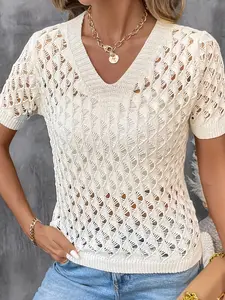 Elegant V-Neck Pure Color Long Sleeve Knitted Sweater, Perfect for Sophisticated Commuting, Stylish Women's Casual Wear