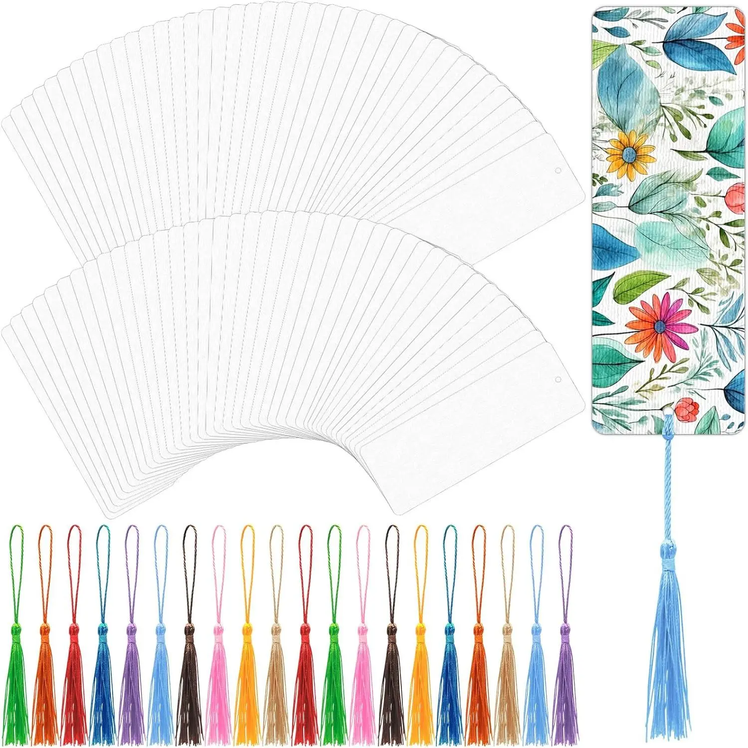 100 Sets Watercolor Paper Bookmarks with Tassels, Blank Book Marks Making Kit, Heavyweight Watercolor Paper Cards Bulk for Classroom Projects and DIY Craft, 5.5 x 2 Inches