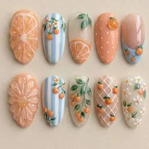 milo.nail&care Orange Cottagecore Press-On Nails, Soft Floral Stripe Design, Glossy Almond Summer Nail Art, Coastal Picnic Inspired Handmade Vacation Nail Set